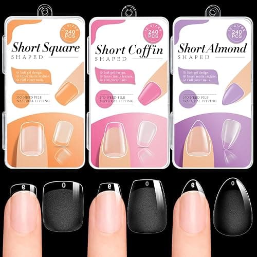 krofaue 3 Styles Short Nail Tips Kit - 720PCS Half Matte Coffin, Almond, Square Fake Nails Full Cover Press on Extension for Soft Gel Tips Set Art DIY Home - Image 1