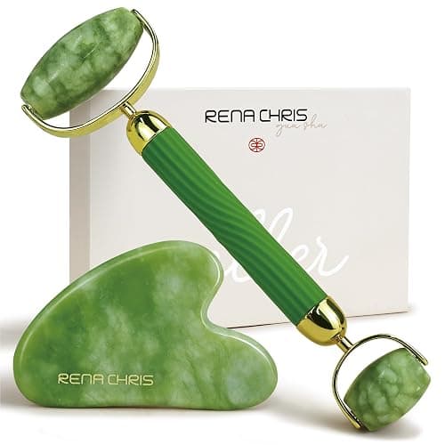 Rena Chris Gua Sha and Face Roller Set: Anti-Breakage Jade Roller for Long-Lasting Use, Jawline Sculpting and Puffiness Reducing, Gua Sha Facial Tools for Self Care Gift (Green) - Image 1