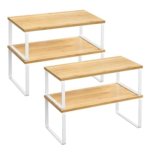 SONGMICS Cabinet Organizer Shelf, Set of 4 Kitchen Counter Shelves, Kitchen Storage, Spice Rack, Stackable, Expandable, Metal and Engineered Wood, Cloud White and Natural Beige UKCS210W01 - Image 1