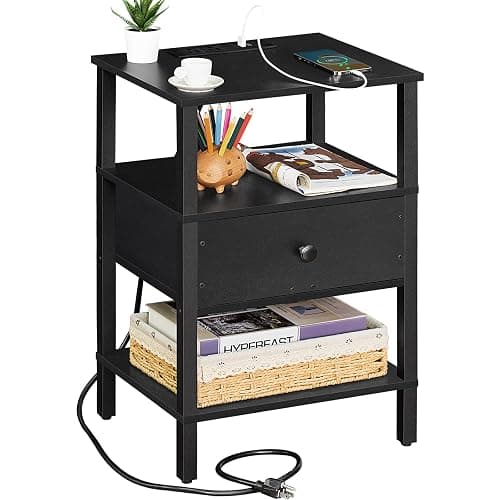 Lerliuo Nightstand with Charging Station and USB Ports, 3-Tier Storage End Table with Drawer Shelf, Night Stand for Small Spaces, Wood Bed Side Table for Living Room, Bedroom - Classic Black - Image 1
