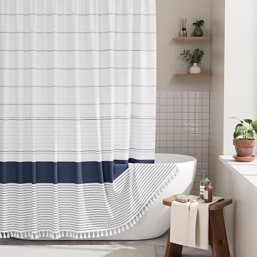 AmazerBath Boho Shower Curtain Set, Rustic Faux Linen Navy Blue Striped Shower Curtain with Hooks, Modern Farmhouse Shower Curtain with Tassels, White Base Toned, 72x72 Inches - Image 1
