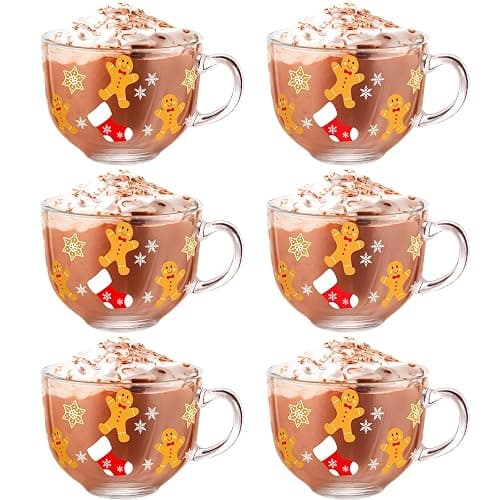 Sliner 6 Pcs Christmas Glass Coffee Mugs with Handle, 16 oz Clear Irish Coffee Mugs Footed Irish Glasses Christmas Winter Holiday Cups for Beverages Latte Hot Chocolate(Gingerbread) - Image 1