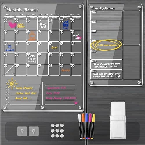 Acrylic Magnetic Calendar for Refrigerator & Wall, Clear Dry Erase Board Fridge Calendar | 2in1 Monthly Calendar to Do List Board Calendar WhiteBoard | Kitchen Menu Board Meal Planner (2 Pack, White) - Image 1