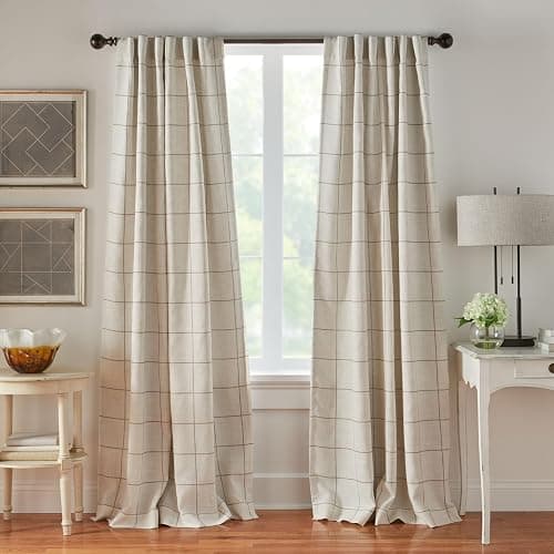 Elrene Home Fashions Brighton Windowpane Plaid Blackout Window Curtain, Living Room and Bedroom Drape with Rod Pocket Tabs, 52" x 84", Linen, 1 Panel - Image 1