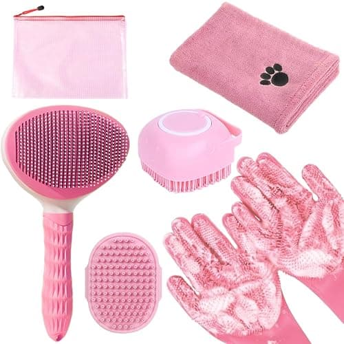 Bath Grooming Kit for Pets - Hair Brush Set with Towel, Washing Gloves, and Shampoo Scrubber Brush for Dogs and Cats (Pink) - Image 1