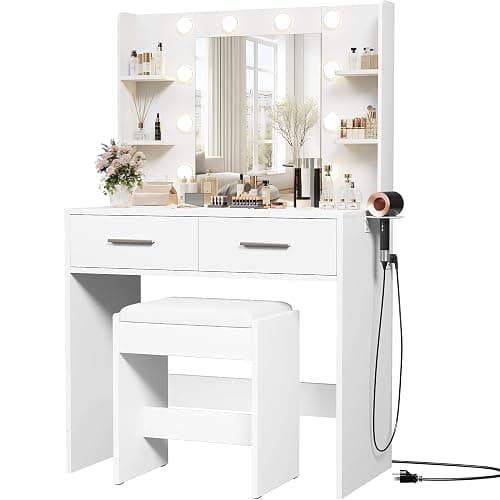 Furmax Make up Vanity Desk with Mirror and Power Outlet, Vanity with 3 Color Light Options Adjustable Brightness,Vanity Desk with 2 Drawers, 6 Storage Shelves (White, with Bench) - Image 1