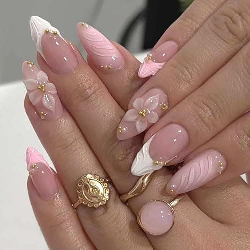 24Pcs French Tip Press on Nails Medium Almond Fake Nails 3D Flowers Gold Bead Design Glossy Pink French Nails Full Cover Press Ons Stick on Nail for Women Handmade Nails Cute False Fingertips - Image 1