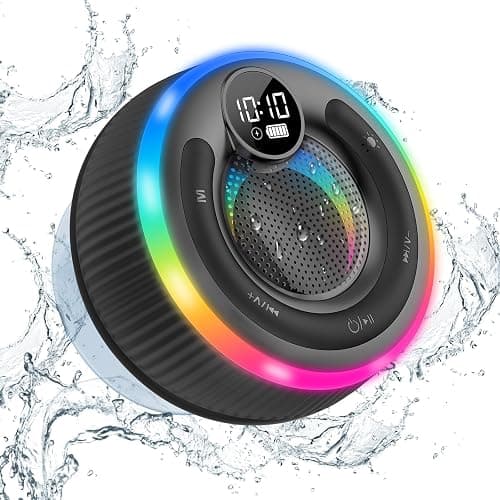 Bluetooth Speaker, Shower Speaker Stereo Sound, IPX7 Waterproof Speakers, Digital Display Portable Speaker with Suction Cup, LED Light, Small Wireless Speakers for Outdoor Party Beach Bathroom, Black - Image 1
