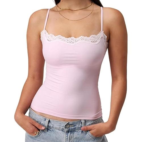RUIWANBBY Padded Lace Trim Cami Top for Women Sexy Tank Top Spaghetti Strap Club Party Shirts Y2k Going Out Undershirt Tops - Image 1