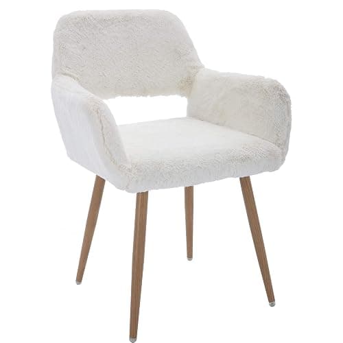 KCC Furry Desk Chair, Mid-Century Modern Accent Comfy Armchair with Faux Fur for Teen Girls, Wood Look Metal Legs Living Dining Room, Home Vanity Makeup Office No Wheel, White. - Image 1