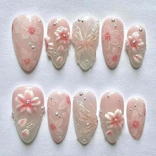 MERVF Almond Press on Nails Medium Pink, 3D Flower Fake Nails, Aura Glue ons Acrylic Nail Peach Blossom Pearls Desgin Manicure Glossy 24pcs - Image 1