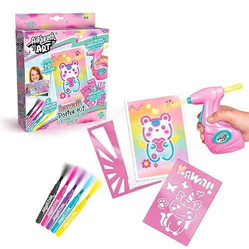 Canal Toys Airbrush Art Kawaii Poster Kit | Electronic Airbrush Tool with Markers & Reusable Stencils | Spray, Mix & Layer Colours to Create Cute Kawaii Art – Craft Set for Kids - Image 1
