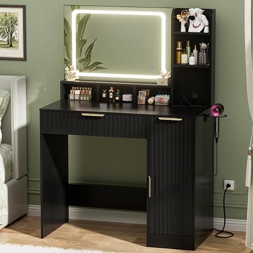 Cyclysio Fluted Vanity Desk with Mirror and Lights, Wood Makeup Vanity Desk with Power Strips, Modern Dressing Table with Drawers & Cabinet for Bedroom, Black - Image 1