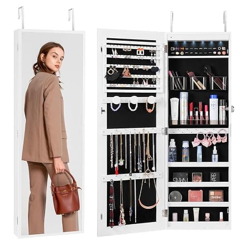 VEVOR Mirror Jewelry Cabinet, 42.52-Inch Tall Lockable Jewelry Cabinet Armoire with Full-Length Mirror, Wall or Door Mounted Jewelry Mirror Organizer with LED Interior Lights and Velvet Lining, White - Image 1
