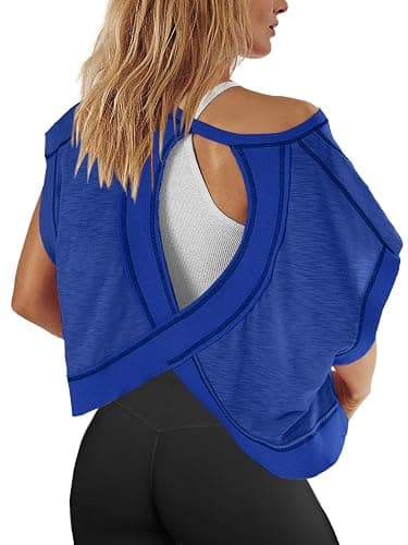 Panadila Womens Open Back Workout Top Oversized Workout T Shirts Backless Athletic Shirt Short Sleeve Baby Tee - Image 1