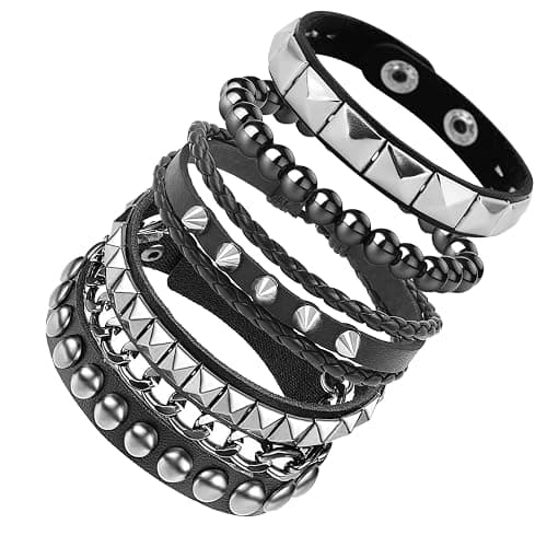 4 Pcs Leather Studded Bracelets for Women, Mens Spiked Punk Rock Grunge Cuff Wristbands Emo Accessories Set for 80s 90s Outfits - Image 1