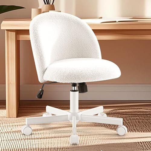 Morkprism Vanity Chair with Back,Armless Desk Chair Cute Small Office Chair,Teddy Fabric Computer Chair with Adjustable Height,120°Tilting,Rolling,Swivel for Vanity,Kids Room,Office,Bedroom White - Image 1