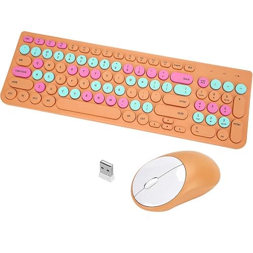 Wireless Keyboard and Mouse Combo, Retro Typewriter Keyboard with Round Keycaps, 2.4GHz USB Cute Wireless Keyboard Mouse for Computer, Desktop, Laptop and Computer (Orange Colorful) - Image 1