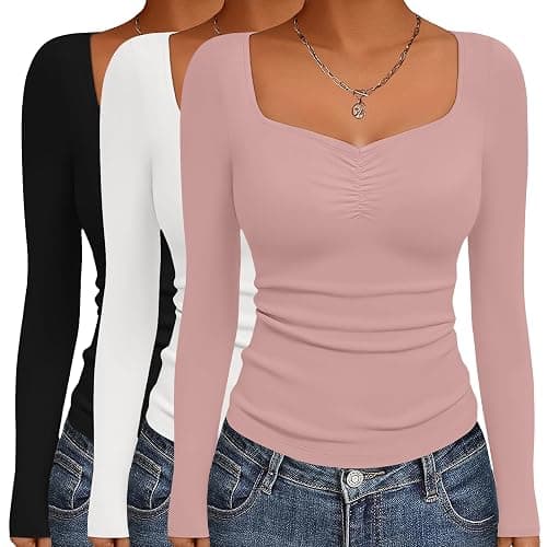 Ekouaer 3 Packs Womens Long Sleeve Tops Sweetheart Neck Fitted Shirts Basic Layering Tee Soft Undershirts Fall Outfits - Image 1
