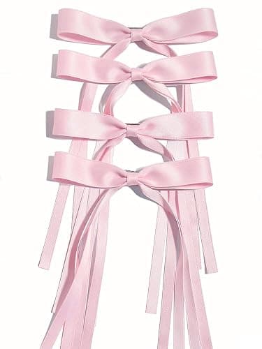 Ayesha Pink Hair Bows Clips Pink Coquette Bow Hair Ribbon Bowknot with Long Tail Pink Bows Barrettes Hair Accessories for Women Girls 4PCS - pink - Image 1