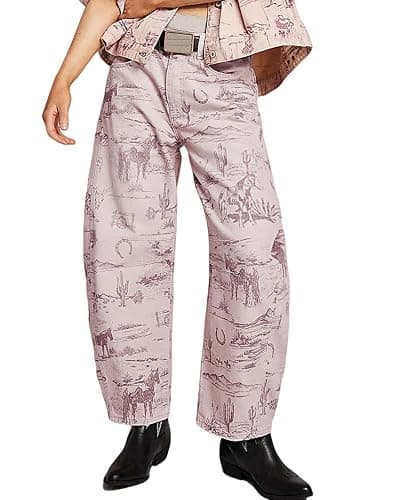 loveimgs Women Boyfriend Baggy Barrel Jeans Floral Print Denim Ankle Pants Wide Leg Mid Rise Jeans Sweatpants Y2k Patchwork - Image 1