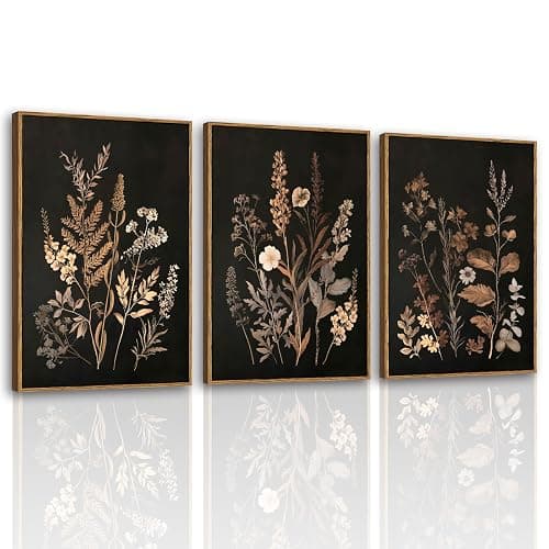 VIYYIEA Large Framed Canvas Wall Art, 3 Pcs,16x24inch, Botanical Floral Black Decor for Living Dining Room Above of Bed, Vintage Rustic Boho Dark Moody Decor, Set of 3 - Image 1