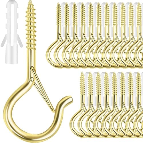 FSAH 25 PCS Screw-in Hooks for Outdoor String Lights, Q Hangers Hooks Outdoor for Outside, Swivel Hanging Basket Patio Light Hooks with Safe Buckle Screw in Planter Eye Hook for Wall Ceiling, Gold - Image 1
