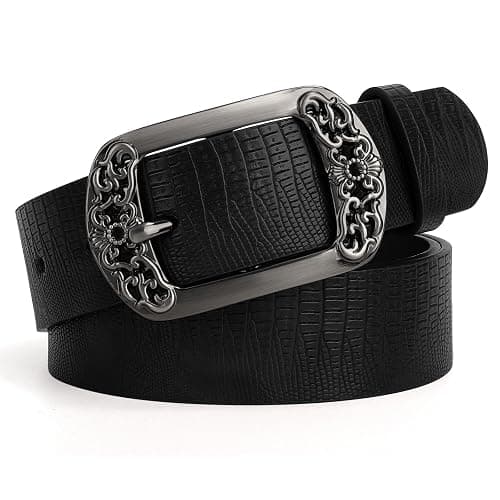 WOWOGO Vintage Flower Womens Leather Belt for Jeans Dress Fashion Waist Belt Ladies Belts with Black Buckle - Image 1