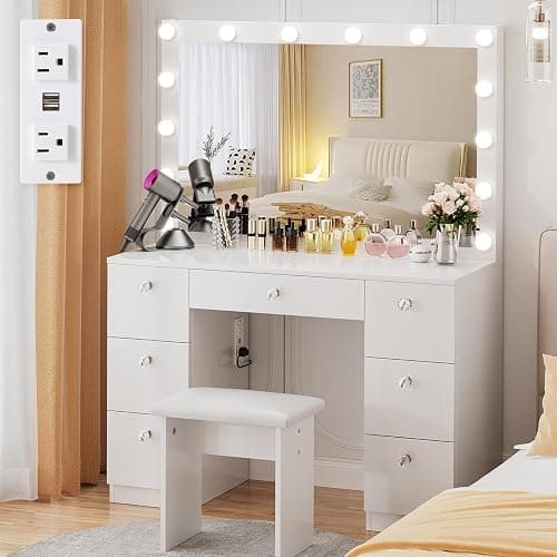 VOWNER Vanity with Lighted Mirror - Makeup Vanity Desk with Power Outlet and 7 Drawers, 3 Color Lighting Modes Adjustable Brightness, 44" Vanity Table with Soft Cushioned Stool for Women Girls, White - Image 1