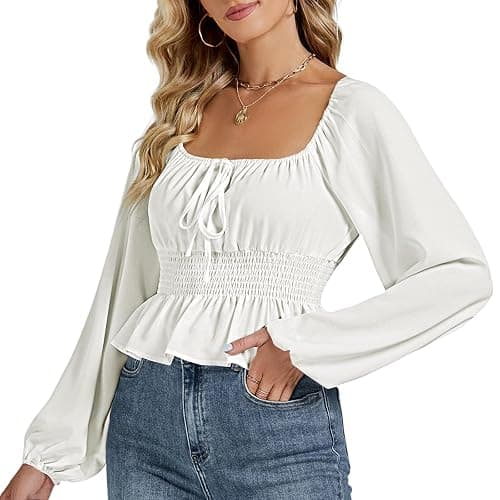 Rooscier Women's Square Neck Lantern Long Sleeve Shirred Waist Ruffle Peplum Crop Top Blouse - Large - Solid White - Image 1