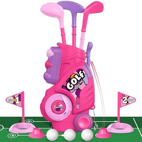Liberry Toddler Golf Set with Putting Mat for 2 3 4 Years Old Boys Girls, Upgraded Kids Golf Cart with Unique Shoulder Strap Design, Indoor and Outdoor Golf Toys Gifts (Pink) - Image 1