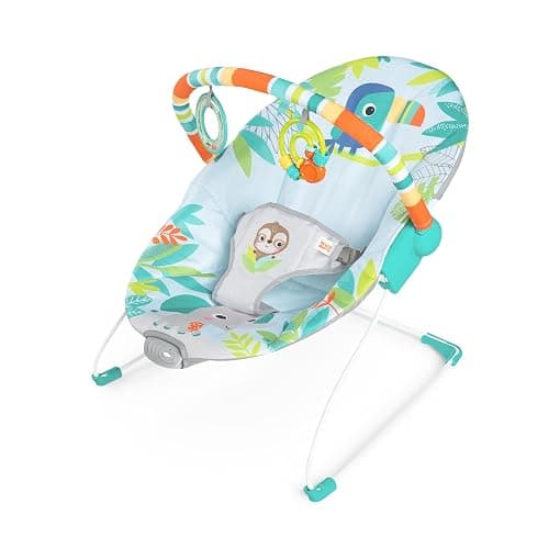 Bright Starts Rainforest Vibes 3-Point Harness Vibrating Baby Bouncer with -Toy bar - Image 1
