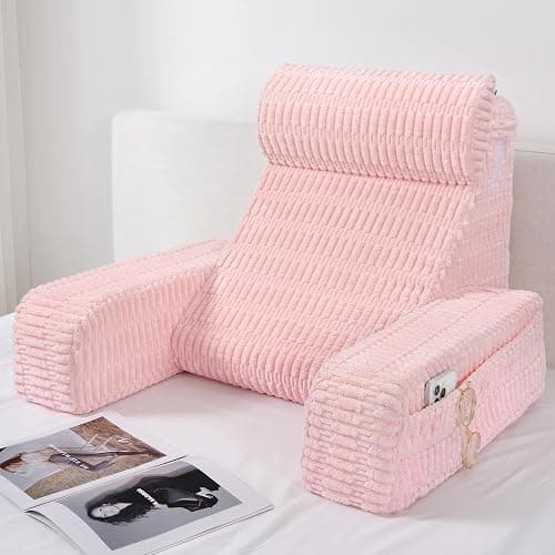 Selectico Reading Pillow for Bed Sitting Up with Large Pockets,Modern Style | 19" Supportive Backrest Cushion for Reading,Nursing,Resting,or Reclining,Stable Armrests & Washable Cover – Pink - Image 1