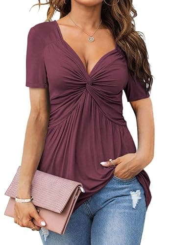 Tankaneo Womens Front Knotted V-Neck Blouse T Shirt Short Sleeve Oversized Tunic Tops Summer Solid Pullover Tees - Image 1