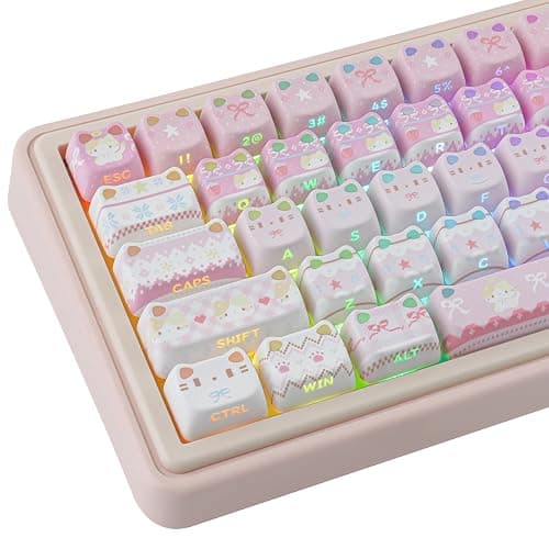 TYRIXKI PBT Keycaps - Pink Meow Meow Keycap, 113 Keys Side Print Shine Through Cute Keycap, Mao Profile Custom Cat Keycaps for 60 65 75 100 Percent Cherry MX Mechanical Keyboard - Image 1