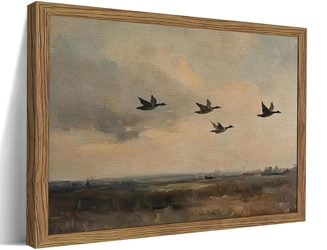 Vintage Flying Duck Wall Art, Retro Rustic Birds Landscape Wall Decor Paintings, Nature Wilderness Hunting Animal Posters Prints Pictures for Bedroom Living Room Office 8x10 Inch Wood Framed - Image 1