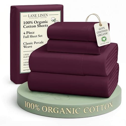 LANE LINEN 100% Organic Cotton Eco Friendly Full Size Bed Sheets, Mercerized Fully Elasticized Cotton Sheets Full, Percale Weave Soft & Comfy Comes in Variety of Colors- Windsor Wine - Image 1