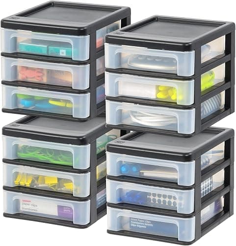 IRIS USA Small 3-Drawer Desktop Organizer, 4 Pack, Stackable, for Office, School, Stationary, Makeup Organizer, Bathroom, Utility, Medical Supplies, Desk Organizer, Versatile Storage, Black - Image 1