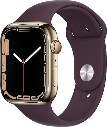 Apple Watch Series 7 (GPS + Cellular, 45MM) - Gold Stainless Steel Case with Dark Cherry Sport Band (Renewed) - Image 1