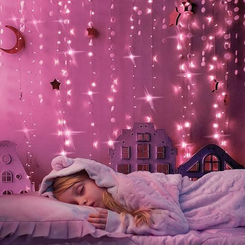 suddus Curtain Lights for Bedroom, 200 Led 6.5ft x 6.5ft Hanging String Lights Outdoor, Fairy Curtain Lights for Backdrop, Window, Wall, Wedding, Party, Garden, Porch, Birthday Decorations Pink - USB-200 LED - Pink - Image 1