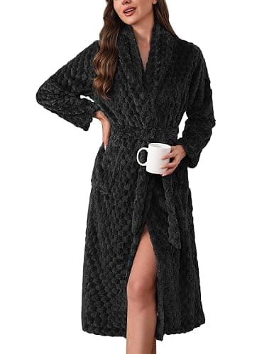 Ekouaer Women's Robe Long Plush Soft Bathrobe Jacquard Color Block Robes Shawl Collar Sleepwear with Pockets S-XXL - Image 1