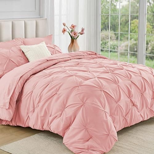 JOLLYVOGUE Queen Comforter Set 7 Pieces - Bed in a Bag Queen for All Season, Pintuck Bedding Comforter Sets with Comforter, Flat Sheet, Fitted Sheet and Pillowcases & Shams, Pink - Image 1