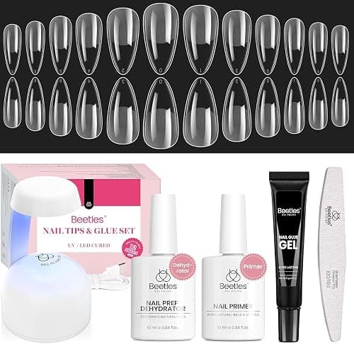 Beetles Gel Nail Kit Medium Almond with Nail Dehydrator and Primer, 576Pcs Half Matte Etch-X Gel Nail Tips Solid Nail Glue Mini Nail Lamp Acrylic Nail Tips Easy DIY Nail Extension Set Gift for Women - Image 1