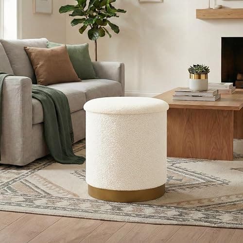 CAIPINFUL 15 Inches Round Storage Ottoman - Boucle Ottoman Foot Rest with Gold for Living Room,Bedroom and Dorm-White - Image 1