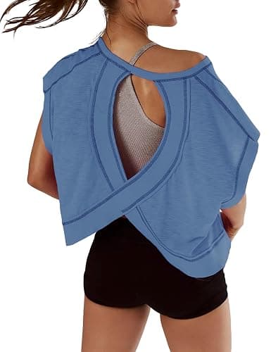 Kumufenc Women Short Sleeve Workout Shirts Open Back Tops Casual Yoga Y2k Athletic Gym Slouchy Crop Running Tees - Image 1