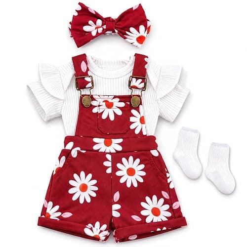 BABESIDE 4 Pcs Reborn Baby Doll Clothes for 17-22 Inch Babydolls, Cute Wine Red Flower Dolls Overalls Lifelike Reborn Baby Doll Accessories with Headband and Socks for Realistic Dolls Girl - Image 1