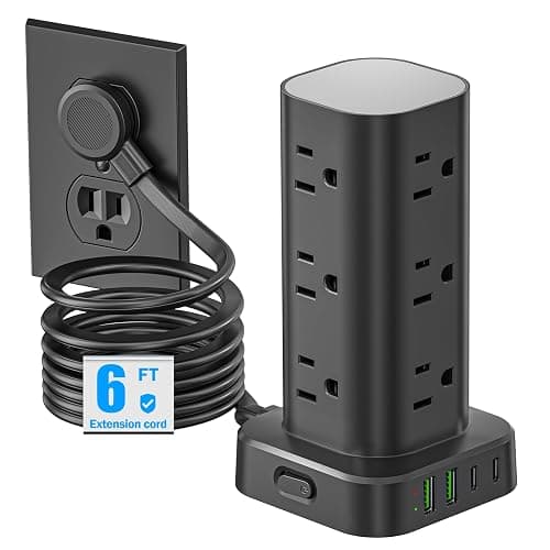 Tower Power Strip with Surge Protector - 12 AC Outlets & 4 USB Ports (2 USB-C), 6FT Extension Cord, Charging Station Tower for Home Office Dorm Travel (Black) - Image 1