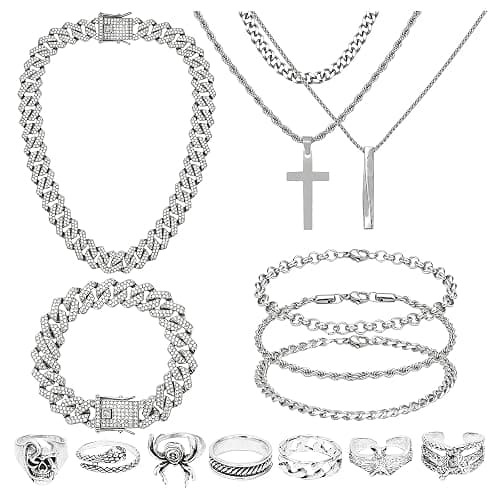 NEWITIN 15 Pieces Silver Jewelry Set for Men Stainless Steel Cuban Link Necklace Bracelet Cross Pendant Necklace Vintage Ring Cuban Jewelry Set for Men Women - Image 1