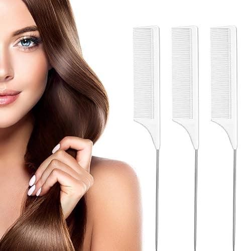 Leinuosen 3 Packs Rat Tail Comb Steel Pin Rat Tail Carbon Fiber Heat Resistant Teasing Combs with Stainless Steel Pintail (White) - Image 1