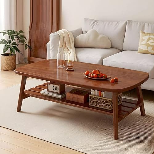 Amazon 2-Tier Foldable Modern Coffee Table Minimalist Wood Coffee Table with Storage Shelf Oval Mid Century Coffee Table for Small Apartment Living Room, Walnut 47" L x 19.5" W x 18" H - Image 1